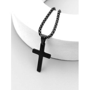 Steel Men's Black Stainless Cross Pendant Necklace – Minimalist Box Chain Jewelry
