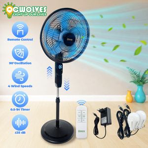 QCWOLVES 18 Inch Standing Fan Industrial Fan, Rechargeable Pedestal Fan with 4 Speeds, Wide-Angled Oscillation, Remote Control, Powerful Airflow, Adjustable Height, Floor Fan for Bedroom with 2 LED Light Bulb, Black