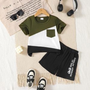 Catpapa 4-7 Years Boys' Casual Outfit Set  Green White Black Color Block Short Sleeve T-shirt with Cooler Version of Dad Print Shorts Comfortable Loose Fit for Daily Play Fashion Kids Clothing