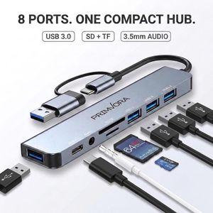 PRIMVORA 8-in-1 USB-C Hub Docking Station – 4 USB Ports, USB-C Data, SD/TF Card Reader & 3.5mm Audio for Laptop, iPad, Phone & Switch
