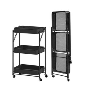  3-tier folding metal rolling utility cart in black