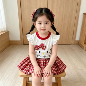 New Summer Girls' T-Shirt Set: Flowy-Sleeve Top with 3D Bow, Stylish and Sweet, Paired with an Adorable Bud-Print Skirt