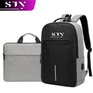 STY 2 In 1 Men's Black Gray Spliced Laptop Backpack Set - Minimalist, External USB Charging Port