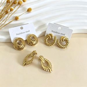 3 Pairs Women Geometric Textured Earring Set, Gold Tone Twisted Hoop & Multi-circle Stud Earrings