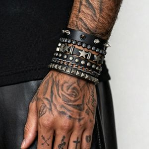 4pcs/set Men Punk Leather Bracelet , Vintage Black Metal Spike Star Multilayer Bracelet,Trend Rock Hip-hop Jewelry for Guys