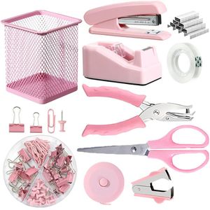 Study set for the school season: square pen holder, stapler, hole puncher, tape measure and other accessories. Suitable for university dormitories, study rooms and offices. Also an ideal gift for good roommates or friends for women.