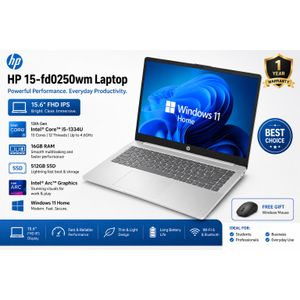 Hp 15-fd0250wm Laptop, 15.6" FHD IPS , 13th Gen, Intel Core i5-1334U, 16GB RAM, 512GB SSD, Intel Intel Arc graphics English Keyboard, Windows 11 Home, Natural Silver