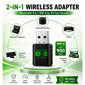2 In 1 WiFi 6 and Bluetooth Wireless Adapter USB Dongle