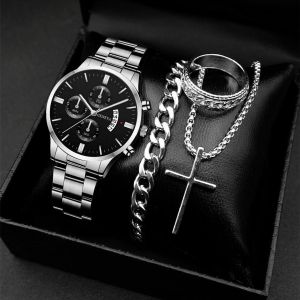 4PCS Silver Wrist Watch for Men with Necklace Ring Bracelet Gift for Men
