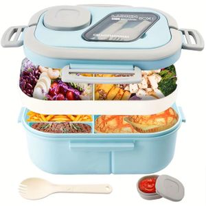 KnMn 1200 ML Lunch Box with Cutlery Set Leakproof Microwave Safe Double Handle Blue