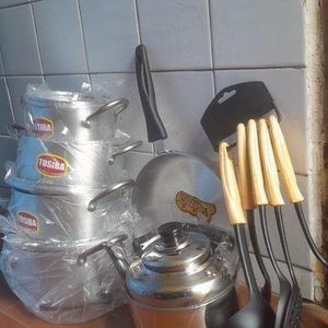 Quality Pots, Frying Pan, Kettle& Non Stick Spoons Set - Bundle