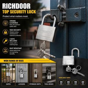 Richdoor Industrial Grade Padlock Heavy Duty Rust Resistant Padlock with Many Matching Keys for MultiPurpose Use, Rust-Resistant Metal Padlock , Heavy Duty Steel Lock with Secure Key System for Maximum Protection Indoors & Outdoors