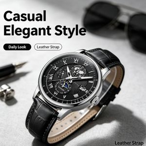 Men’s Black Business Quartz Watch – Formal Style Wrist Watch With Calendar Window, PU Leather Strap, Luxury Casual Watch