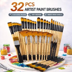 This set of 32 acrylic brushes features high-quality nylon bristles and includes various brush types such as round, filbert, flat, fan, angled, and fine brushes, suitable for acrylic, oil, and watercolor paints.