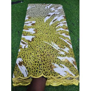 Sequin Embroidered Net Lace Fabric - Yellow Olive / Gold Circle Bubble Pattern with White and Gold Abstract Brushstroke Sequin Detailing