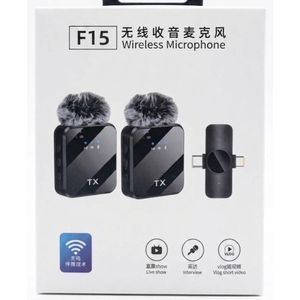 F15 Wireless Lavalier Microphone System with 2 Transmitters & Plug-and-Play Receiver – Dual Lapel Clip-On Mics with Windscreen Noise Reduction for Smartphones, Vlogging, Live Streaming, Interviews, and Video Recording