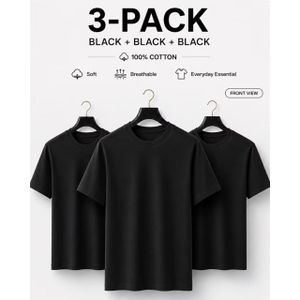 Tshirt 3-In-1 Men's Premium 100% Cotton Plain Round Neck T-Shirts Pack - Solid Black