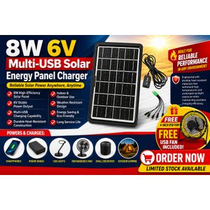 CAFINI 8W 6V Portable Solar Panel Fast Charger – Multi-USB Outdoor Power Solution + 4INCH USB FAN