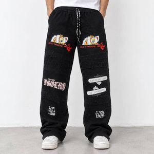 Men's Black Baggy Graphic Jeans Distressed Streetwear Trousers