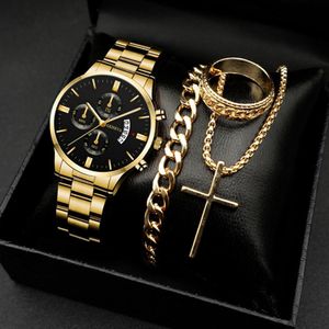 4 PCS Men's Steel Wrist Watches Quartz Bracelet Necklace Ring Gift Box
