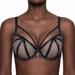 Binnys Women's Full Cup Underwire Bra, Deep V Cutout Center, Cross Strappy Bra, Breathable Mesh Side Wings, Polished Look and Professional, Adjustable Shoulder Strap,  Everyday Support Bra