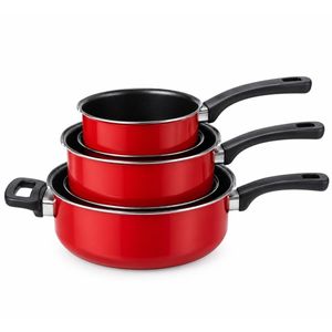 3-Piece Red Non-Stick Cooking Pot Set with Black Long Handles