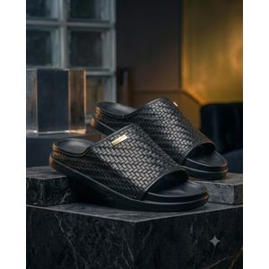 Men's Black Woven Leather Slide Sandals – Casual Comfort Mules