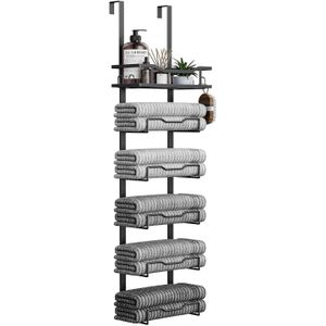 TodyJeyHo Hanging Towel Racks for Bathroom No Drill - 6-Tier Over The Door Bath Towel Storage Organizer for Small Bathrooms - Tiered Back of Door Towel Holder Hanger for Rolled Towels RV Camper Black