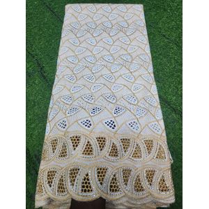 Embroidered Dry Lace Fabric –white And Gold Eyelet Stone Design with Scalloped Border for occasion 