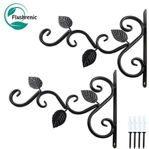 Flushrenic 2PCS hanging plant bracket, metal plant bracket, iron hanging leaves, black hook, used for hanging bird food utensils, lanterns, wind chimes, flower pots, outdoor decoration hooks