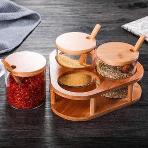 3-Piece Glass Spice Jar Set with Bamboo Stand & Wooden Spoons