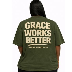 DAMBA Unisex Oversized Testimony T-Shirt – Grace Works Better OLIVE GREEN