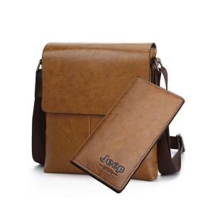 Jeep Men's Luxury PU Leather Crossbody Shoulder Bag + Matching Long Wallet Combo