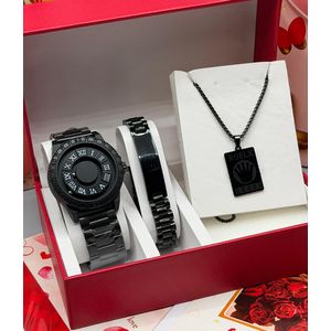 POEDAGAR Original Quality & Superior Men's All Black Magnetic Movement Wristwatch & Jewelry Set 