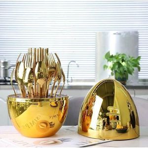 Stainless Steel Egg  Shape Gold Cutlery  Set  With  Cover 24 pcs 