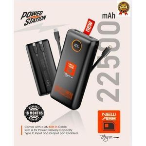 New Age 22500mAh Power Bank - With 3A Built In Type-C & IPhone Cable, With A 5V Power Delivery Capacity Type C Input And Output Port Enabled & USB Output ( Power Station)