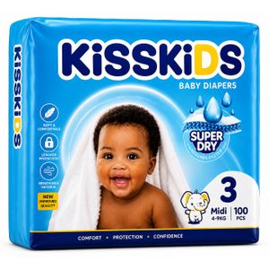 Kisskids super dry baby diaper KissKIDS Baby Diapers Size 3 Medium (4–9kg) – 100pcs – Super Dry & Leak Protection