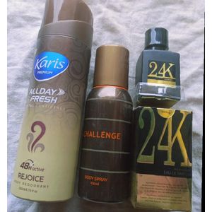 Rejoice Karis body spray 200ml, Challenge spray 100ml and black24k 30ml