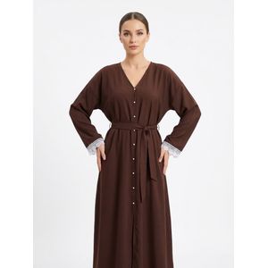 Women’s V-Neck Loose Kaftan Abaya Maxi Dress with Belt & Lace Cuffs - Brown