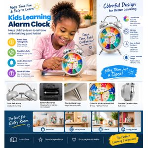 Kids Educational Time-Telling Twin Bell Alarm Clock – Colorful 12/24 Educational Silent Quartz Table Clock for Children's Bedroom & Study