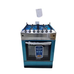 Bruhm Newest high quality modern kitchen 60x60 stainless steel body and worktop effortless pulse ignition all gas 4 euro burners standing gas cooker with inbuilt oven, grills, rotisserie, oven lamp and timer 
