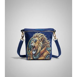 Nerousa Men’s Crossbody Bag – Royal Lion Graphic Denim Shoulder Bag – Gold Hardware – Blue