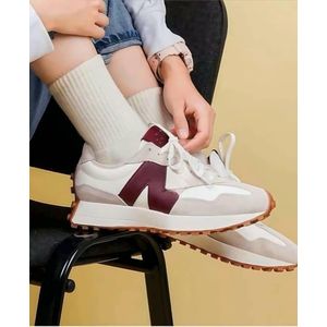 Unisex Low-Top Retro Running Sneakers – Off-White & Burgundy Logo Studded Gum Sole Shoes