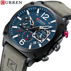 Curren Blue Men's Watch Fashion Waterproof Multi-function Chronograph Clock Leather Calendar luminous Quartz Watches