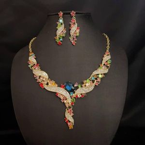 Necklace Earrings Colorful Full Crystal Rhinestones Jewelry Set Gold