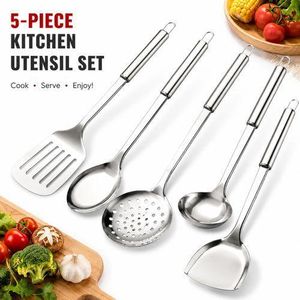 Kitchen Expert Stainless Steel Kitchen Utensils Set 5Pcs Cooking Tool Kit with Soup Ladle Spatula Slotted Turner Colander Skimmer Eco-Friendly Cookware Set for Kitchen Lovers Home Gift