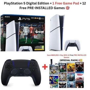 Sony PlayStation 5 Digital Edition – Ps5 Console 1TB + 12 Pre-Installed Games + FREE Extra DualSense Controller Bundle Deal + Free eletricctrical Surge Protector + 6 Months Warranty