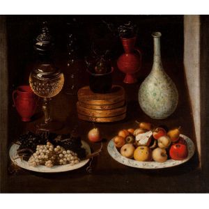 30 X 35inch Fruit Bowl with Plates of Grapes and Pears, glass and clay Vessels painting