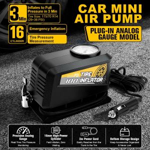 12V Portable Car Air Compressor 300PSI Tire Inflator with Analog Pressure Gauge