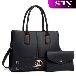 STY Women's Black Double Ring Decorate 2-in-1 Handbag Set - Top-Handle Bag & Pouch